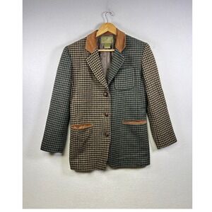 Vintage JL Colebrook Blazer Women 6 Green Tan Houndstooth Wool Blend Suede Trim‎